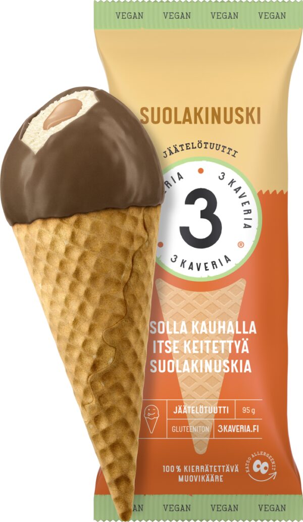 3 Kaveria Vegaaninen Suolakinuski jäätelötuutti 150ml/95g x 16